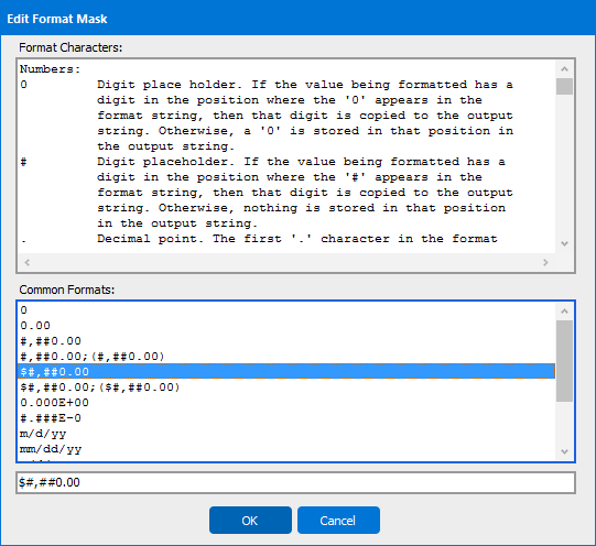 Edit Format Mask Dialog box with one of the common formats selected.  The selected format includes dollar sign and comma.